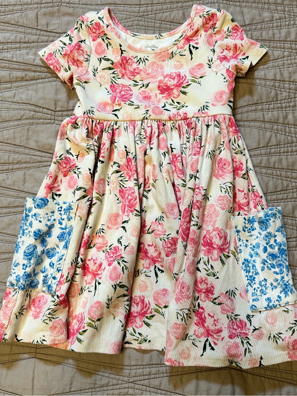 SweetHoney 5Y Pink Floral Dress with Blue Pocket Accents